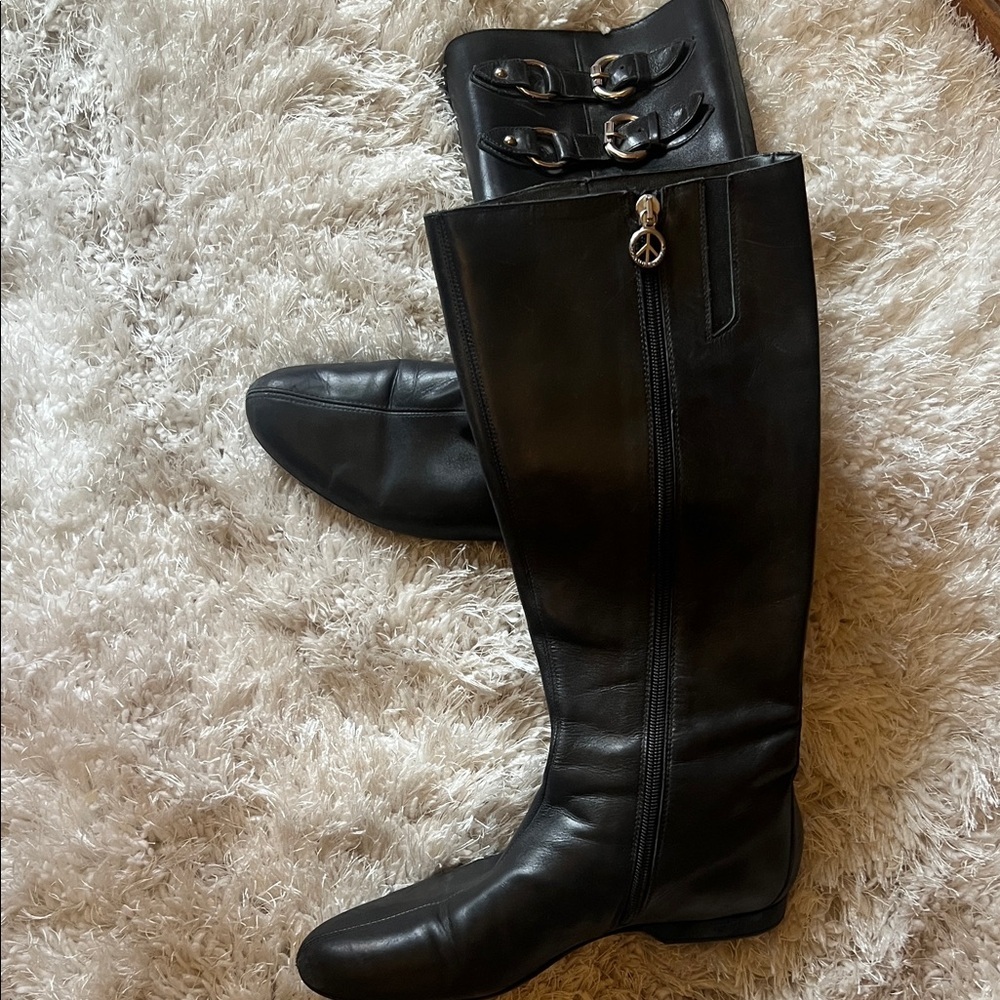 Donald J. Pliner Black to Knee Boots with Buckles and unique peace sign zipper
